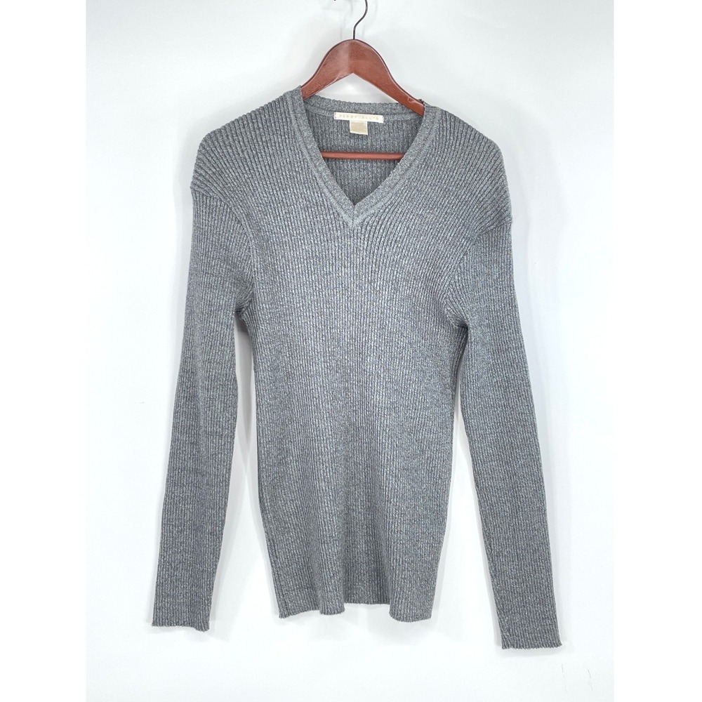 Perry Ellis Womens Sweater L V-Neck Grey Ribbed Merino Wool Italy Stretchy